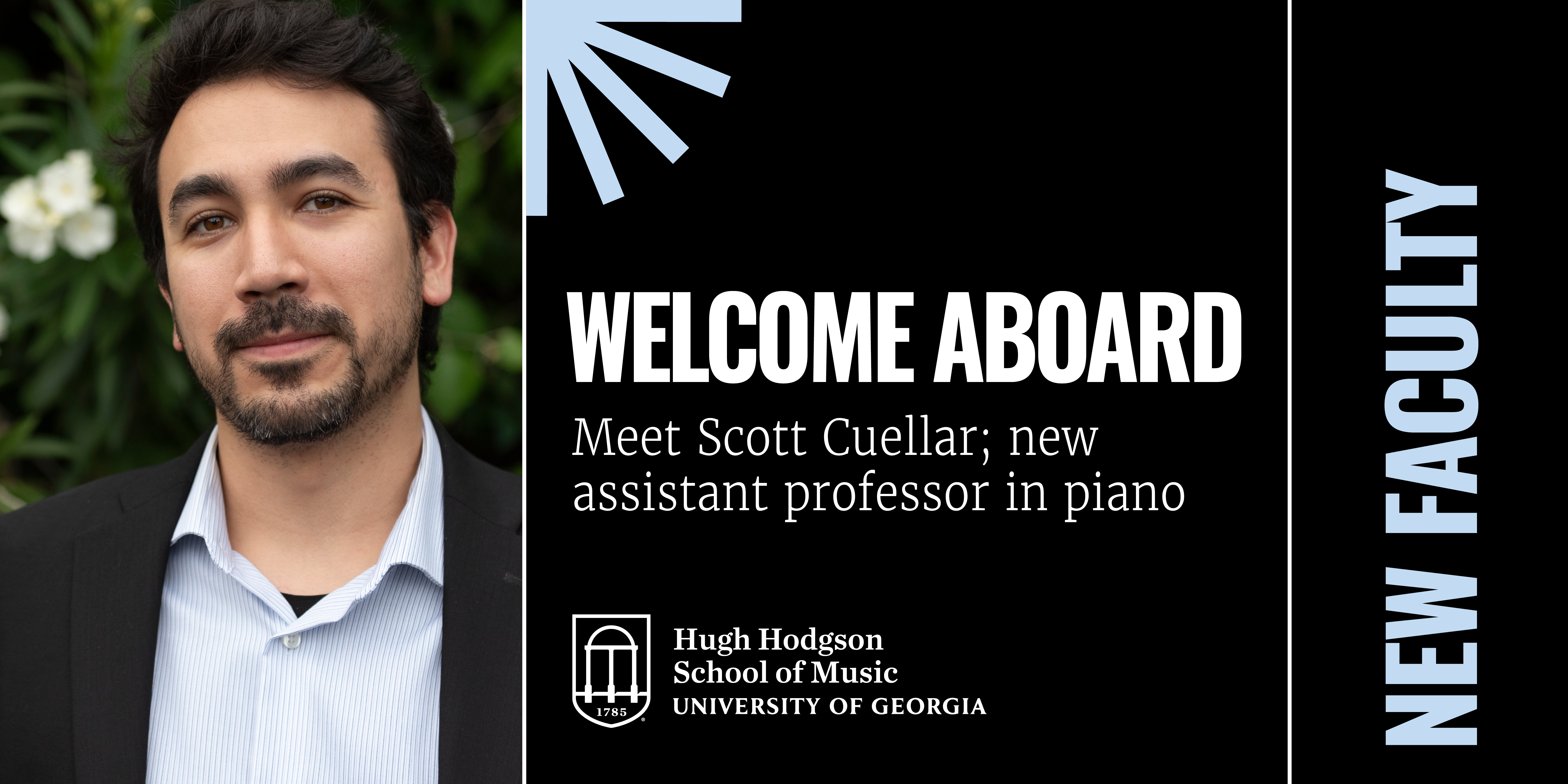 Welcome Aboard. Scott Cuellar pictured left next to white copy over black background