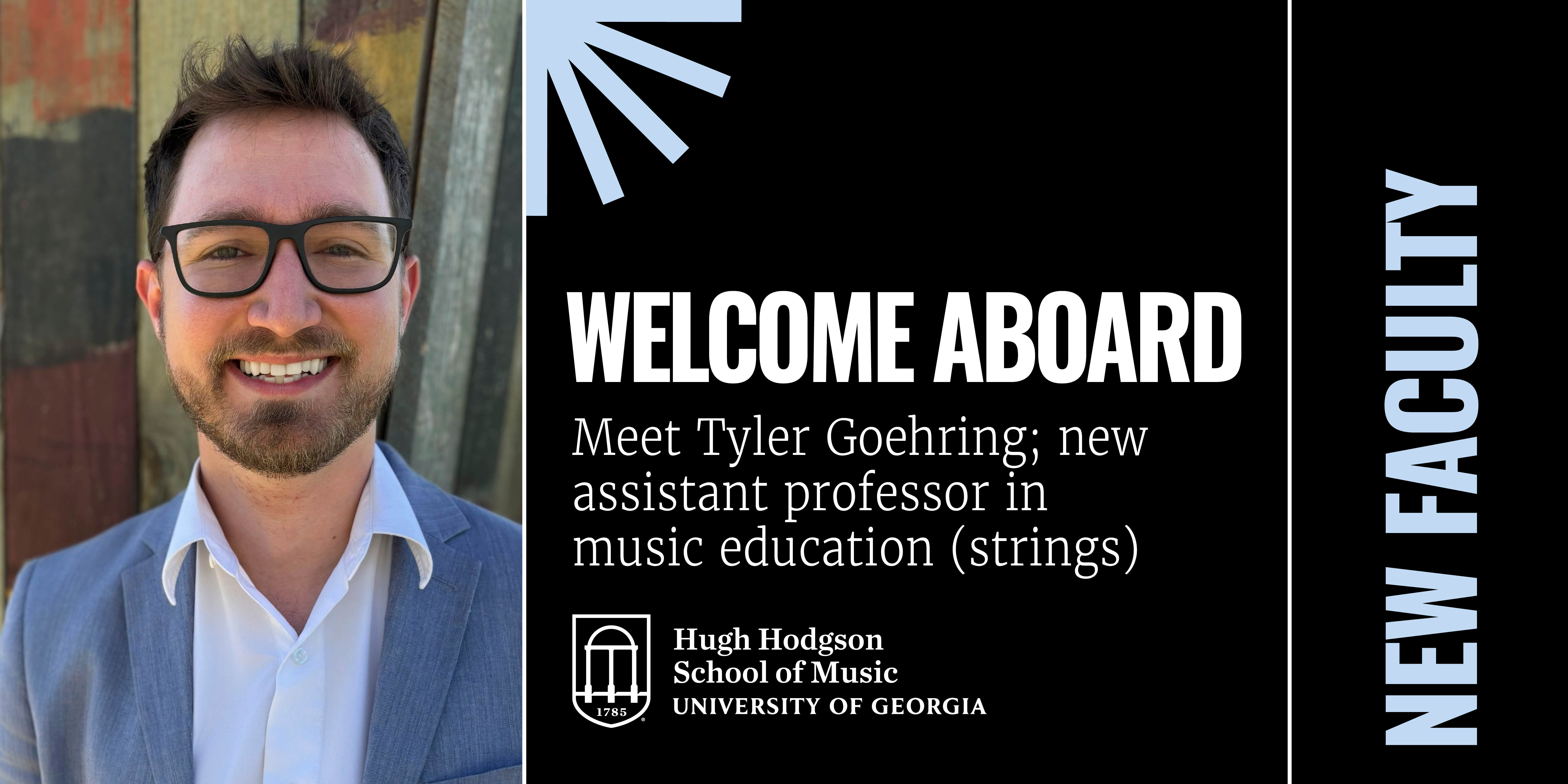 Welcome Aboard. Tyler Goehring pictured left, next to white copy over a black background