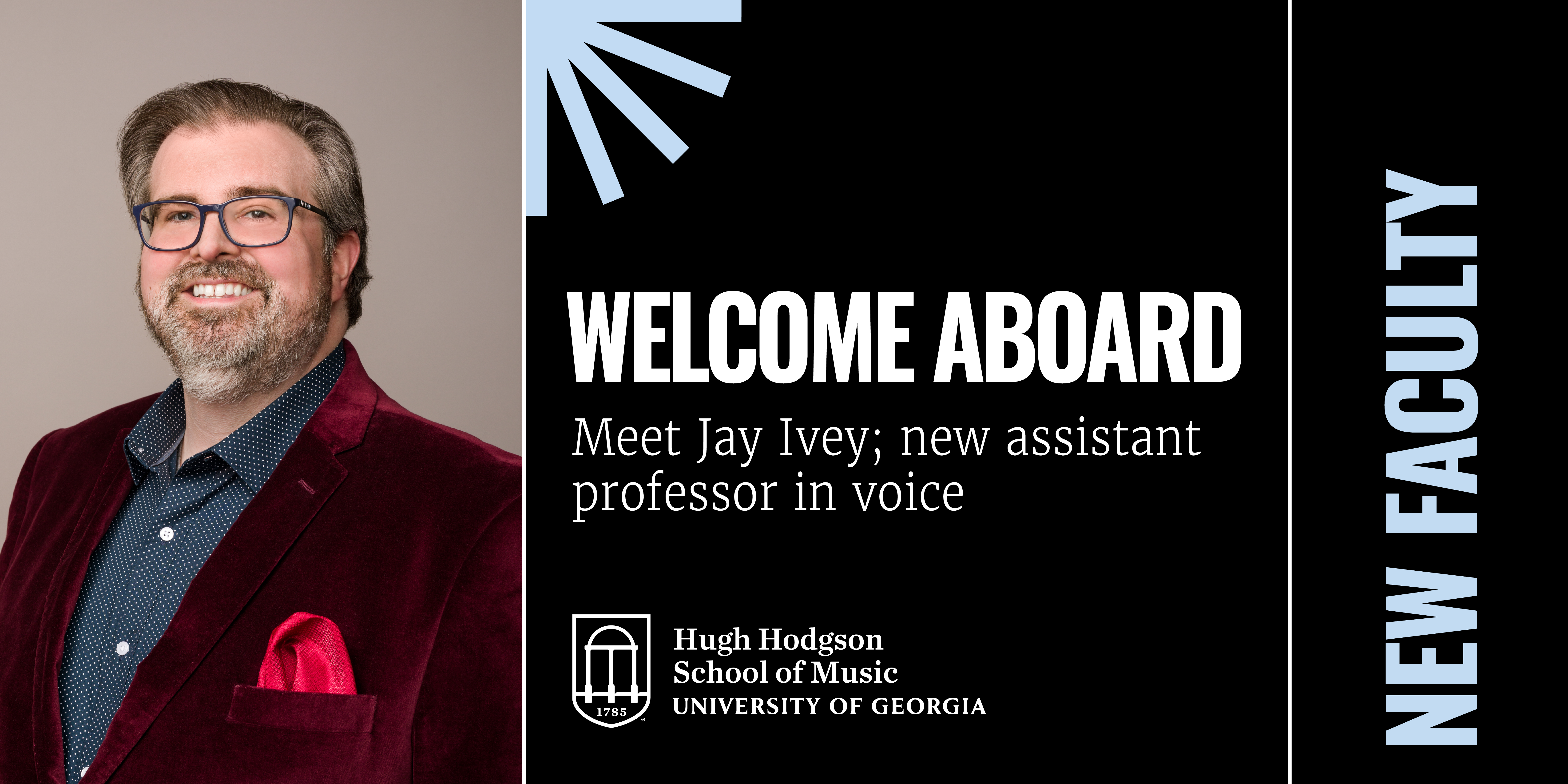 Welcome Aboard. Jay Ivey pictured left next to white copy over a black background.
