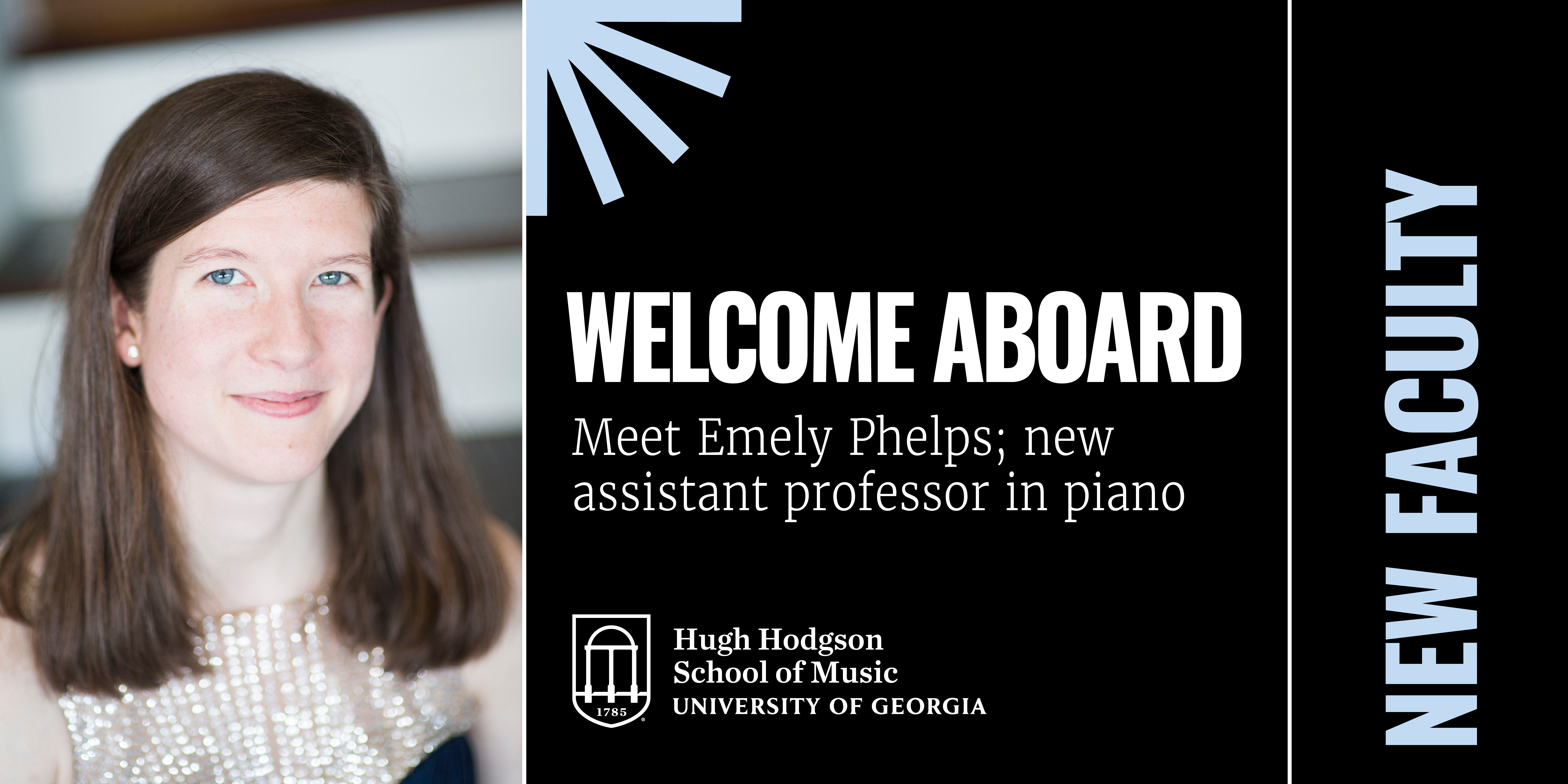 Welcome Aboard. Emely Phelps pictured left, next to white copy over a black background.
