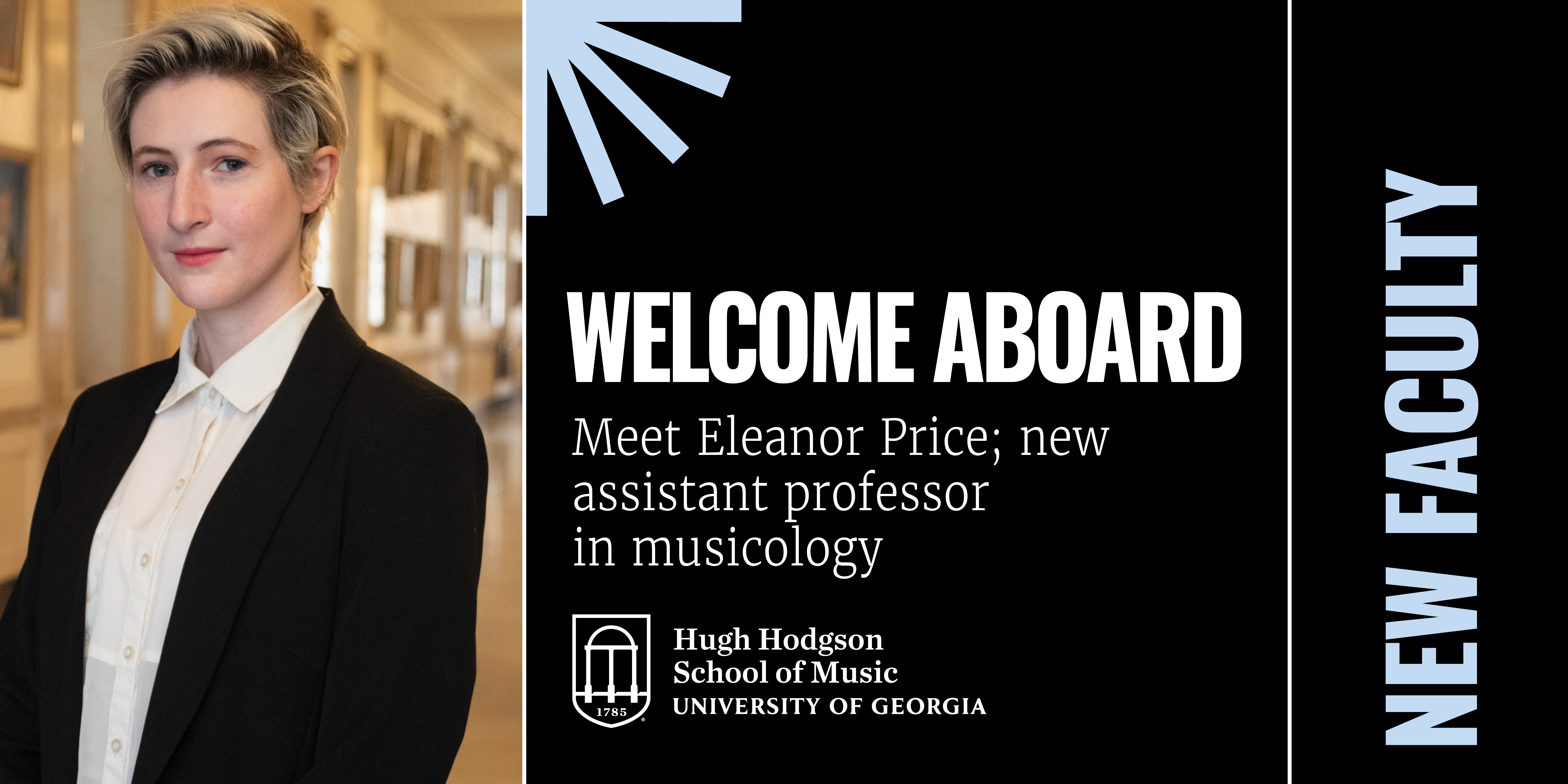 Welcome Aboard. Eleanor Price pictured left, next to white copy over a black background.