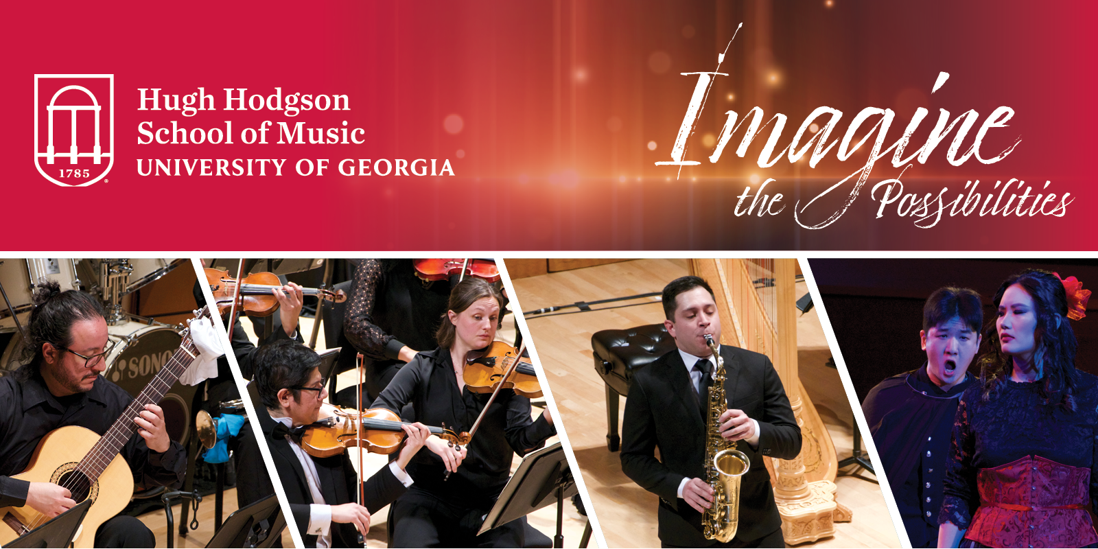 Student playing guitar, two students playing violin, one student playing saxophone, and two students singing opera underneath a logo for the Hugh Hodgson School of Music and the tagline "Imagine the Possibilities."