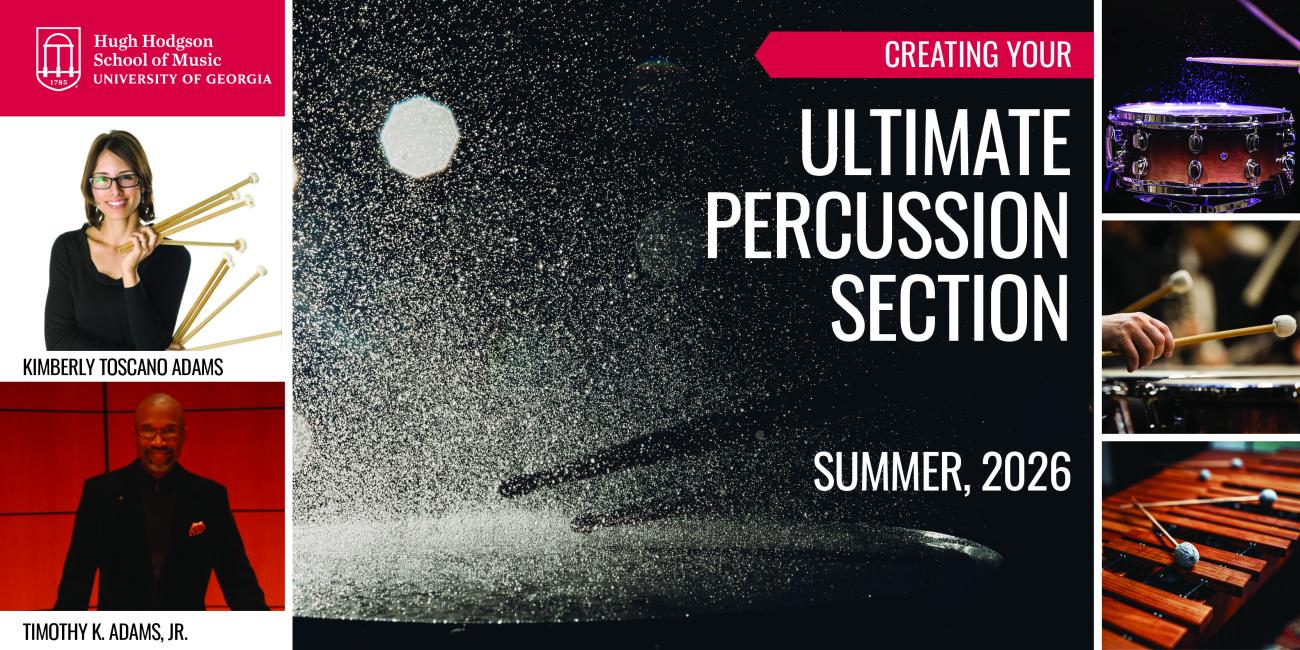 Photos of instructors and percussion instruments with matching text to the page below.