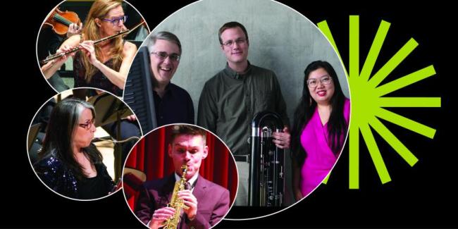Six faculty performers; photos over black background with green spark.