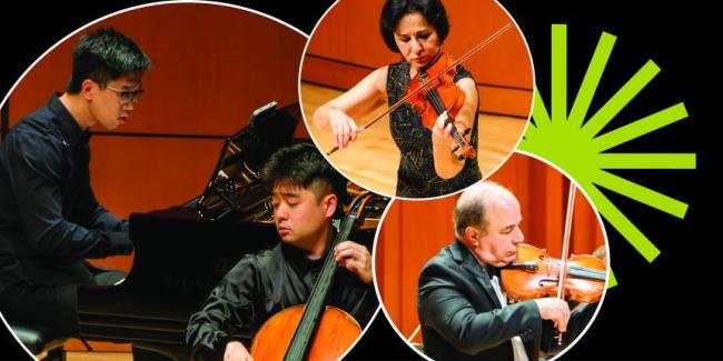 Four faculty performers; pictures in circles over a black background with a green spark.