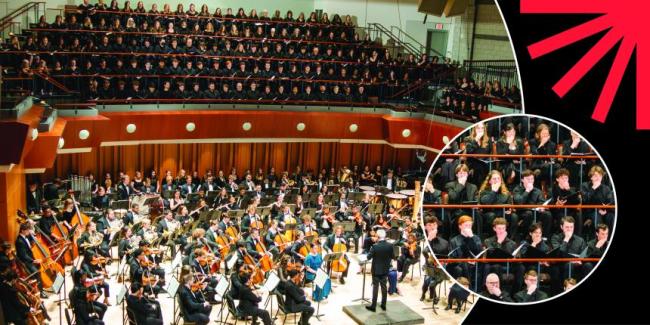 Photos from 2025 Combined Concert; photos in circles over a black background with a red spark.