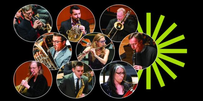 Nine faculty performers shown in performance over a black background with a green spark.