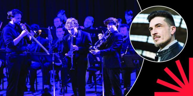 Jazz Ensemble; Michele Corcella, composer; photos in circles over black background with red spark.