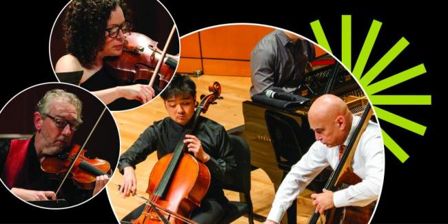 Five faculty performers; photos in circles over black background with green spark.