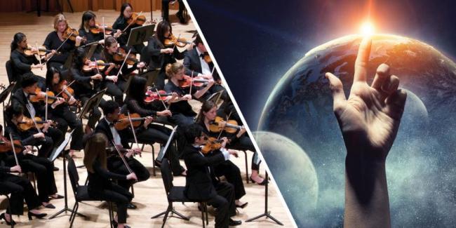 Split image, UGA Symphony Orchestra and hand with glowing index finger in the cosmos.
