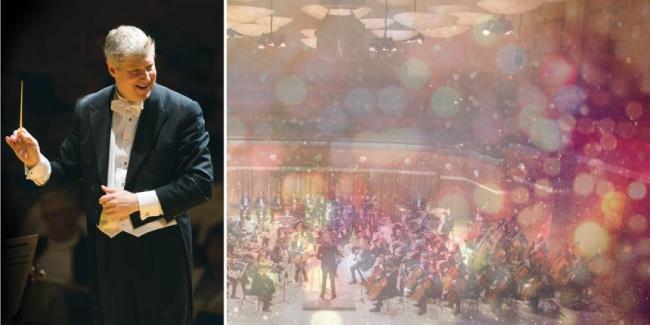 Split image, Conductor Michael Stern and the UGA Symphony Orchestra under sparkling lights.