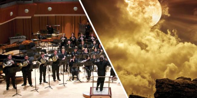 Split image, UGA Wind Ensemble and sepia-toned moon behind clouds over a dark mountain.