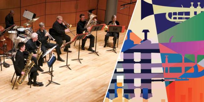 Faculty Jazz Ensemble with abstract images of Jazz instruments