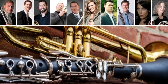 Ten faculty performers headshots and an image of brass and wind instruments.