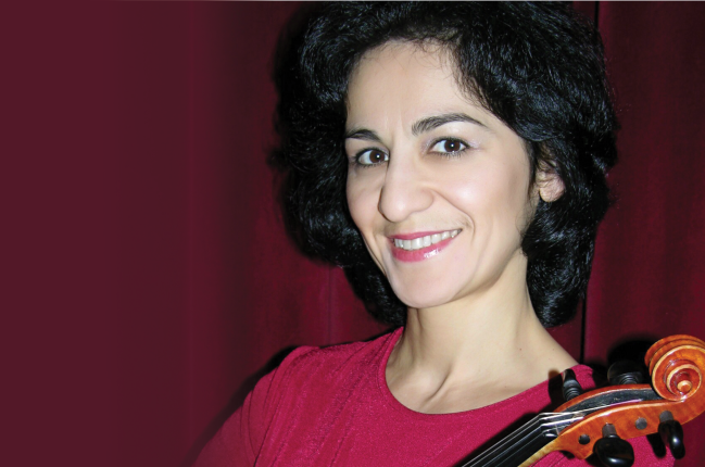 Shakhida Azimkhojaeva, academic professional, violin with a purple curtain background