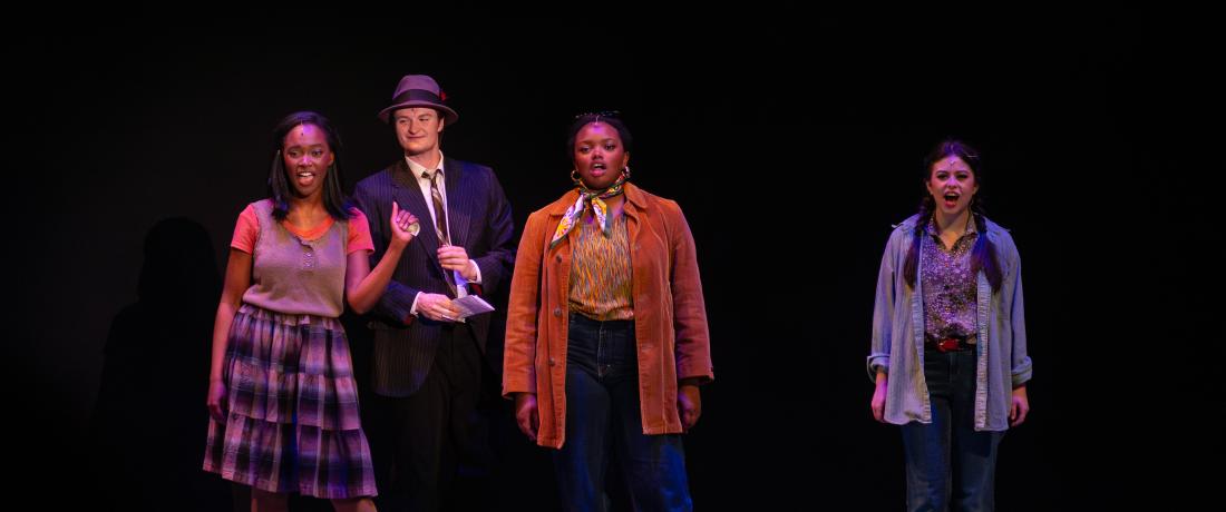 From Left: Taya Tenacity Taylor (BMUS ‘26), Garrett McCord (AB ‘25), Kennedi Nichols (AB  ‘25), and Bella Smith (AB /BS ‘25)perform in “Little Shop of Horrors” directed by Daniel Ellis April 12, 2024. 