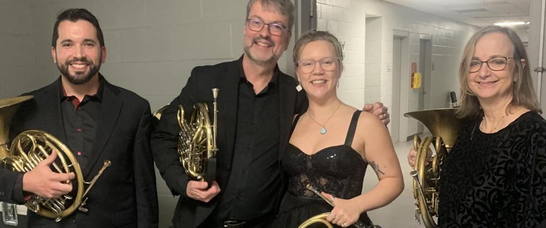 From left: UGA assistant professor of horn James Naigus, guest artists Richard Deane and Victoria Knudtson, and Meigs professor of horn and associate dean in the Franklin College  Jean Martin-Williams before a performance at the Southeast Horn Workshop February 23-25, 2024.