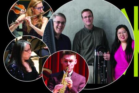 Six faculty performers; photos over black background with green spark.