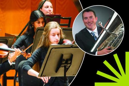 UGA Symphony Orchestra with Matthew Shipes, tuba in circles over a black background with a green spark.