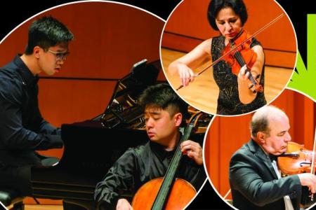 Four faculty performers; pictures in circles over a black background with a green spark.