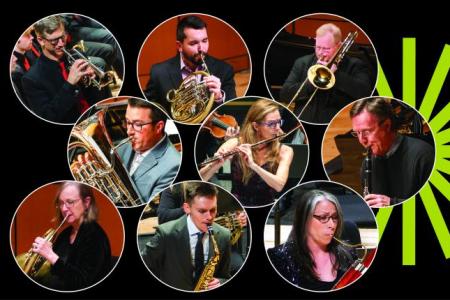 Nine faculty performers shown in performance over a black background with a green spark.
