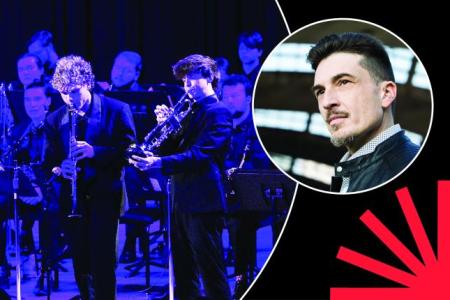 Jazz Ensemble; Michele Corcella, composer; photos in circles over black background with red spark.