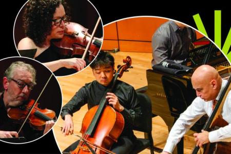 Five faculty performers; photos in circles over black background with green spark.