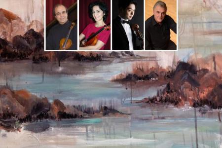 Four faculty headshots over a romantic style painting.