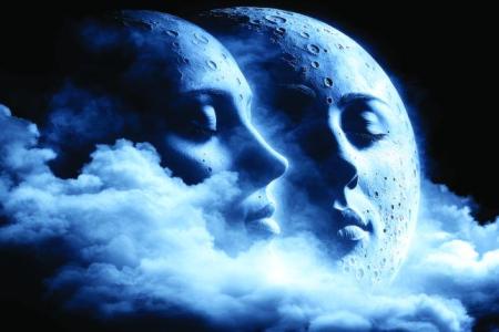 Two faces within the moon surrounded by clouds and dark blue sky.