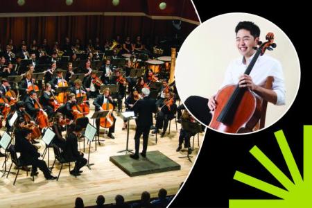 UGA Symphony Orchestra and James Kim, cello in circles with black background and Franklin spark.