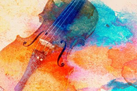 A violin will splashes of watercolor overlayed on it