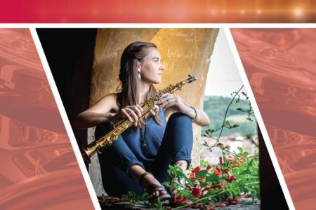 Caroline Halleck sitting with flowers holding a saxophone