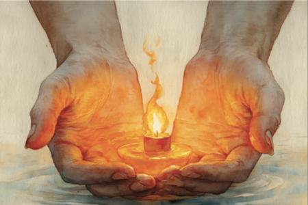 Two hands holding a candle that is emitting an orange flame and lighting up the palms of the hands