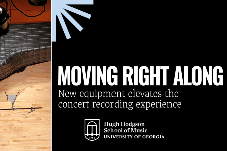 microphones suspended over stage with piano, plus text and graphics.