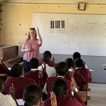 Emily Gertsch, senior lecturer in music theory, teaches a beginning music theory course at a school in Kenya during the trip March 7-11, 2024.