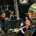 UGA Wind Ensemble with New York Subway Train inset; both in circles on black background with blue spark.