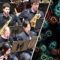 Split image, UGA Wind Ensemble and round circles representing sound waves.
