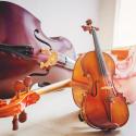 A Double bass, cello, and a violin lying on the floor with a bright background