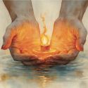 Two hands holding a candle that is emitting an orange flame and lighting up the palms of the hands